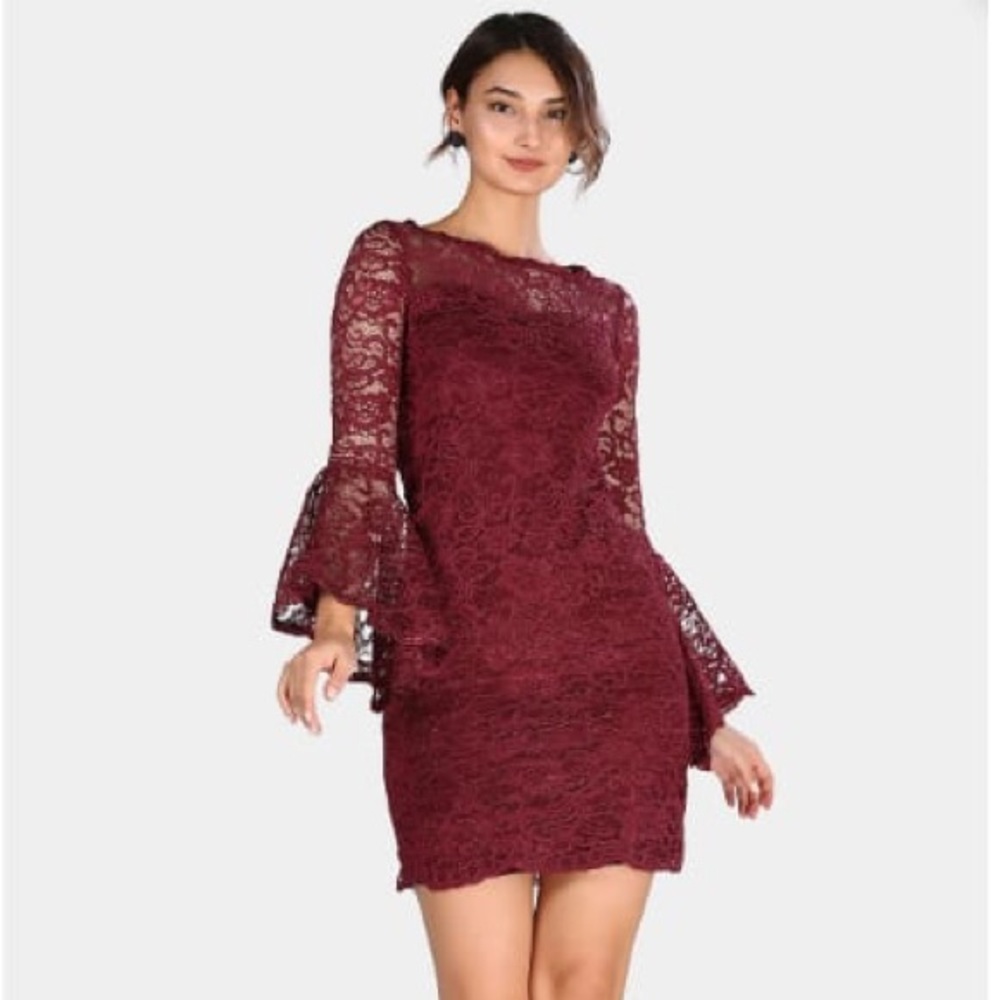 Women's Ruffle Sleeves burgundy Lace Evening Dress